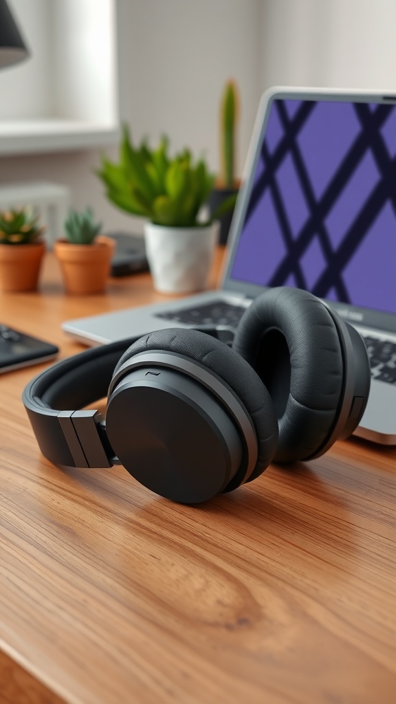 Clam 2 headphones on a wooden desk in a home office setting.